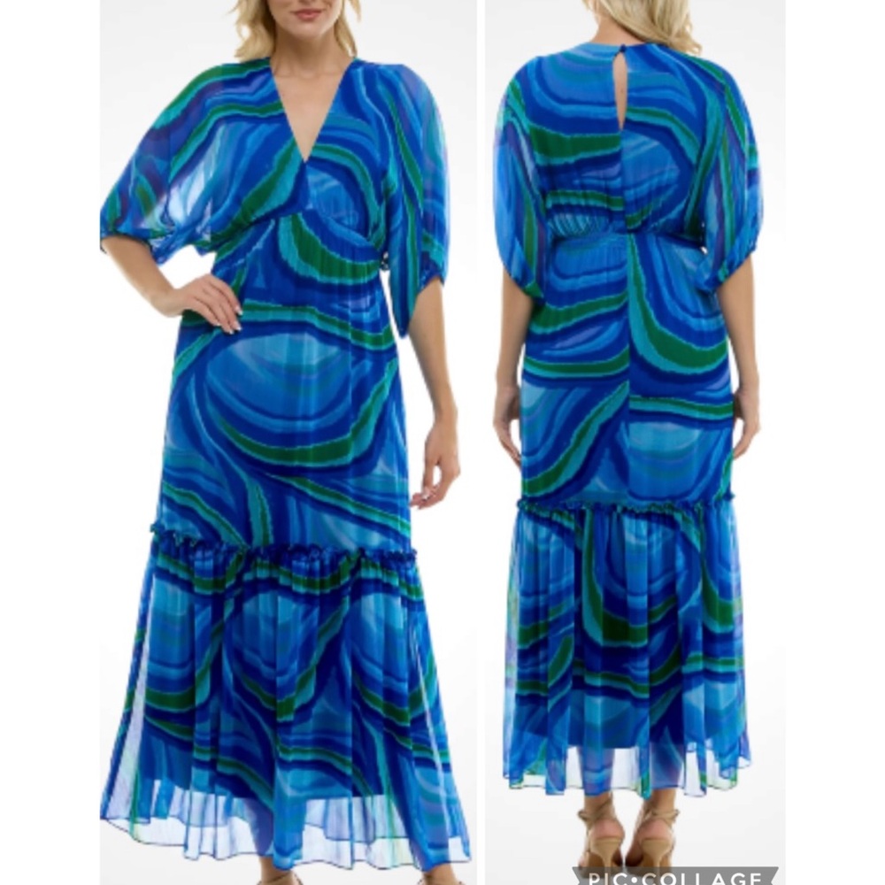 Taylor Blue & Green Dolman Elbow Sleeve V-neck Empire Waist Maxi Dress 22W